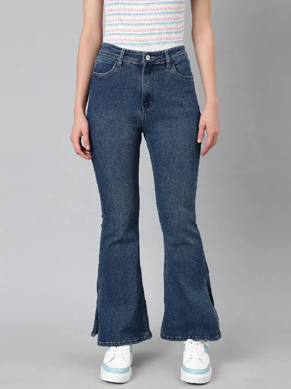 Women Navy Blue Solid Bootcut Denim Jeans-GZ-5719-Navyblue Trendy Cut-Off Denim Shorts