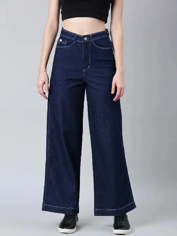 Women Navy Blue Solid Wide Leg Denim Jeans-IM-10948-Navyblue Cozy Relaxed Fit Jeans