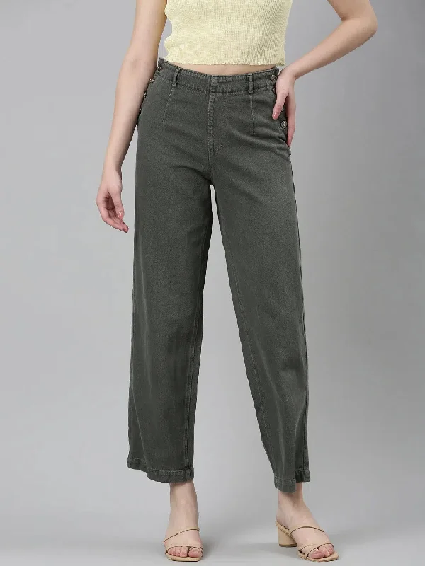 Women Olive Solid Wide Leg Denim Jeans-IM-10103-Olive Stylish Slim Fit Denim