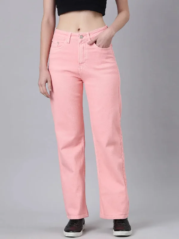 Women Peach Solid Straight Fit Denim Jeans-GZ-5607-Peach Comfortable Distressed Straight-Leg Jeans