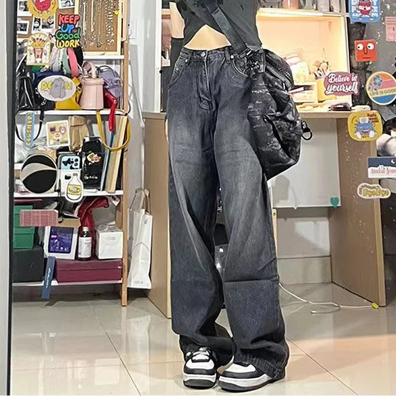 Women Vintage Streetwear Black Baggy Korean Jeans High Waiste Comfortable Flare Leg Jeans