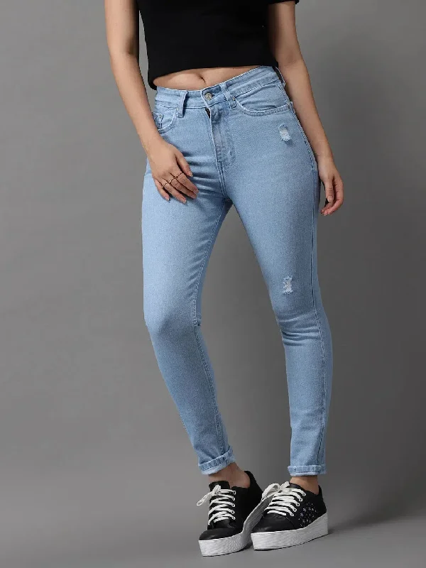 Women's Blue Solid Skinny Fit Denim Jeans-GZ-5161-Blue Chic Cropped Jeans