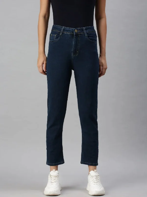 Women's Denim Blue Mom Fit Jeans-GZ2587B-Blue Casual Distressed Denim Jeans