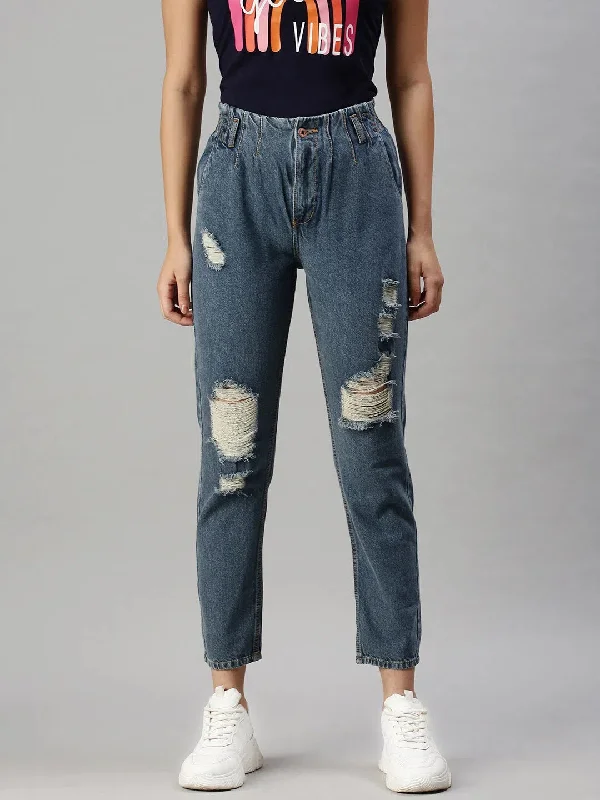 Women's Denim Blue Mom Fit Jeans-GZ5008-Blue Trendy Vintage Denim Jeans