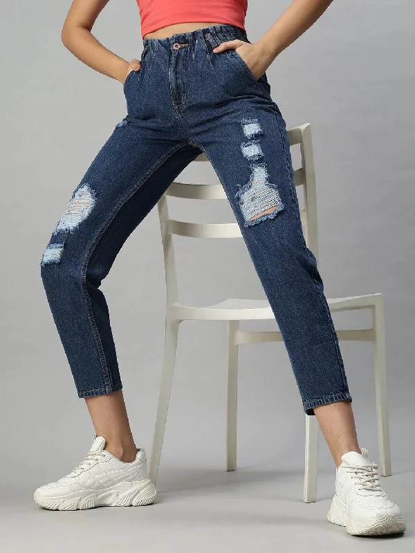 Women's Denim Mom Fit Navy Blue Jeans-GZ5008-Navyblue Fashionable Raw Hem Bootcut Jeans