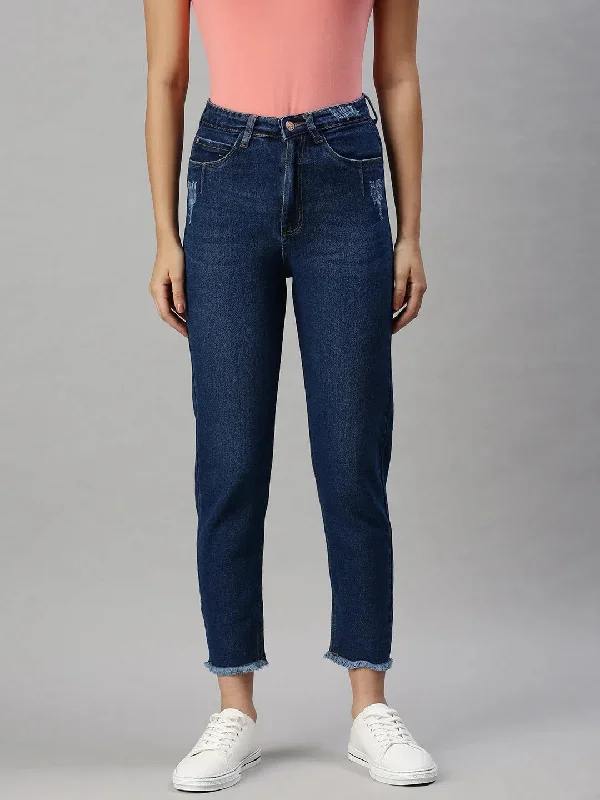 Women's Denim Mom Fit Navy Blue Jeans-GZ5028-Navyblue Fashionable Frayed Hem Denim