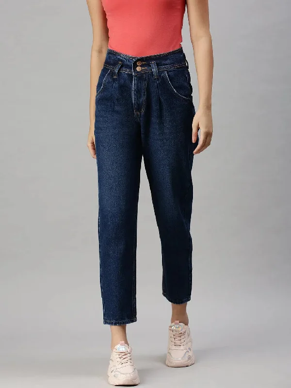 Women's Denim Mom Fit Navy Blue Jeans-GZ5041-Navyblue Trendy Classic Fit Jeans