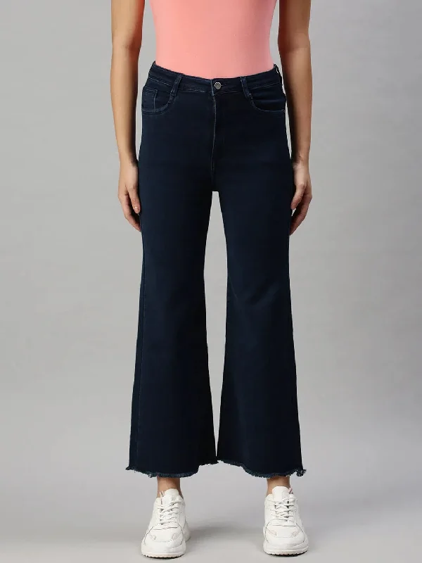 Women's Denim Wide Leg Blue Jeans-TRP6085C-Blue Chic Rolled Cuff Denim Jeans