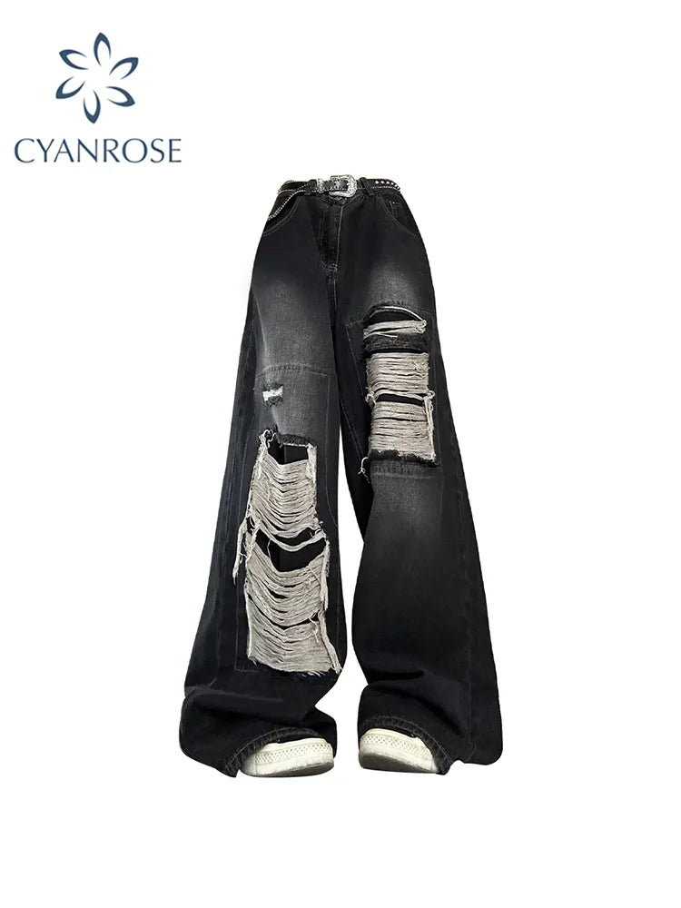 Women's Gothic Black Jeans High Waist Vintage Korean Fashion Streetwear Ripped Pants Chic Cropped Jeans