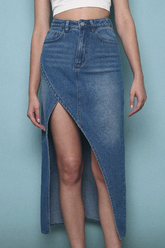 Alba Asymmetric Denim Skirt Light Denim corduroy skirt cozy