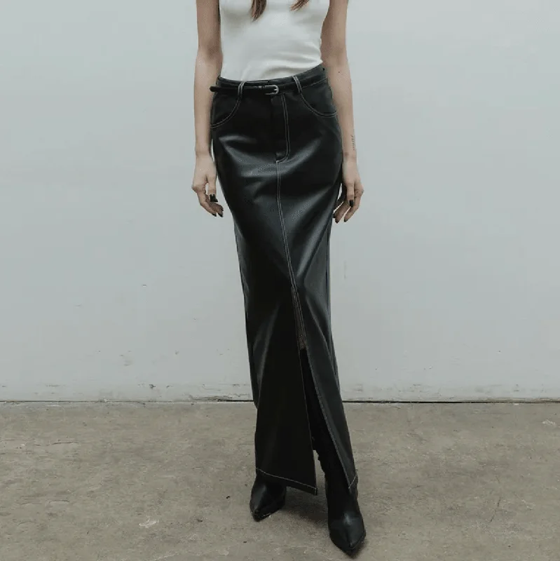 Black Liqueur Faux Leather Slit Maxi Skirt silk skirt lustrous