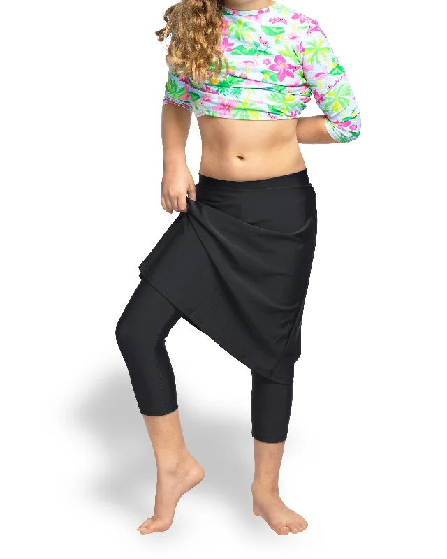 Girls Tznius Modest Cute Skirt with Attached Leggings Midi Length 4-13 Years (Black) linen skirt breathable