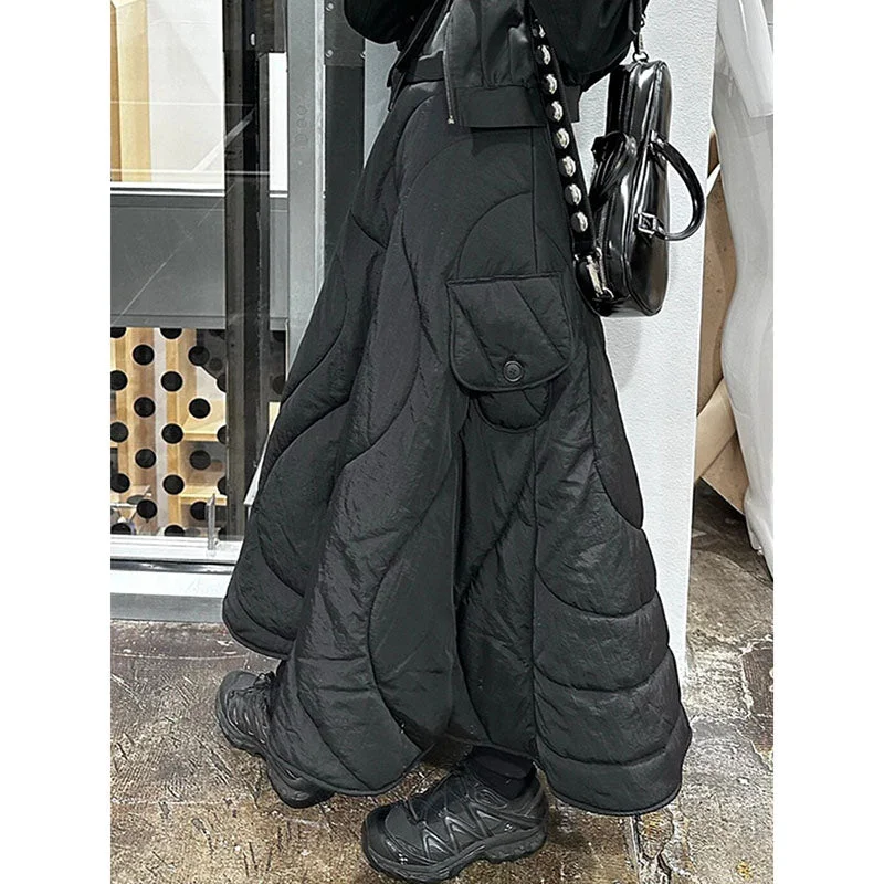 Black Thickened High-waisted A-line Long Skirt leather skirt refined