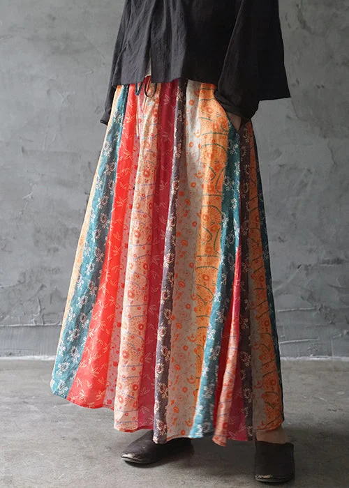 Bohemian Colorblock elastic waist drawstring pocket Linen Skirts Spring ribbed skirt waist