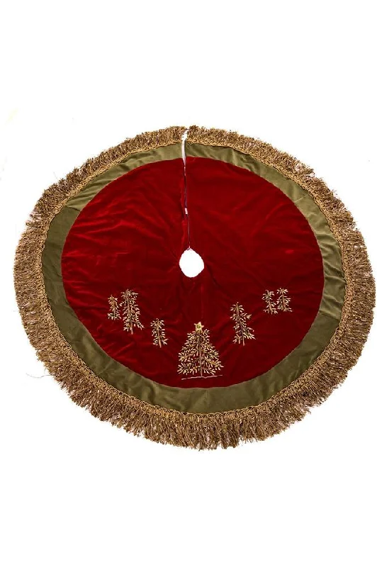 Burgundy Velvet Ribbon Tree Skirt With Green Tassel Border