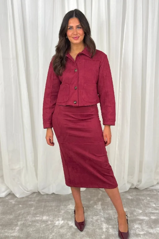 Caitlyn Faux Suede Midi Skirt In Burgundy vintage skirt charm