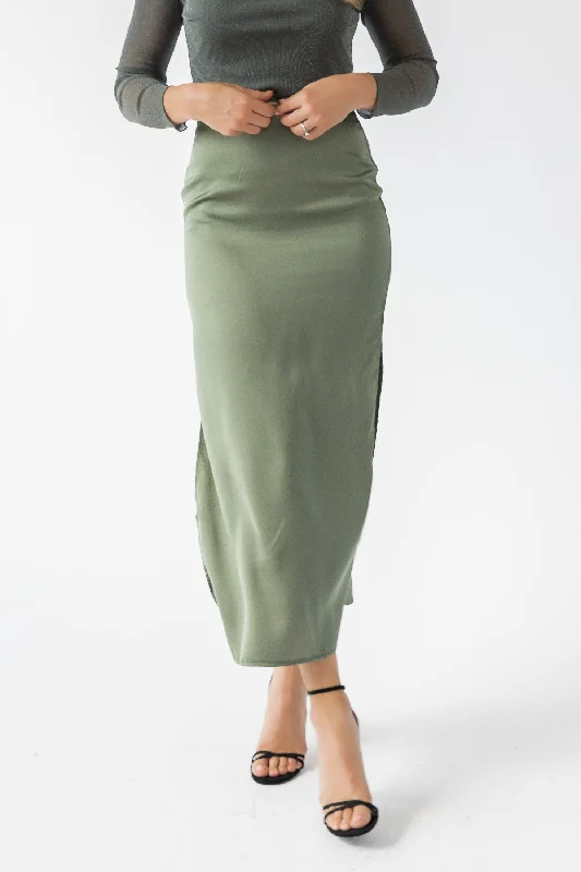Dayton Olive Satin Maxi Skirt - Final Sale denim skirt durable