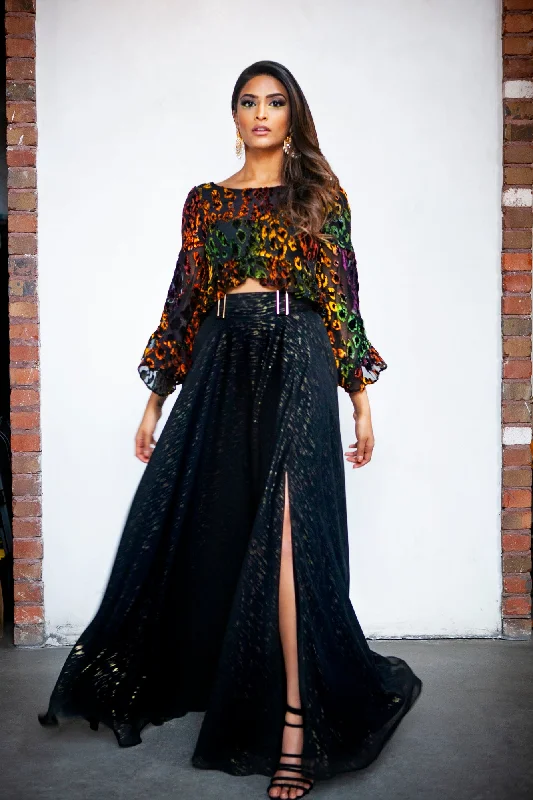 EZYA Metallic Chiffon Skirt belted skirt waist
