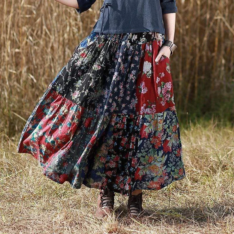 Floral Random Patchwork Skirt denim skirt trendy