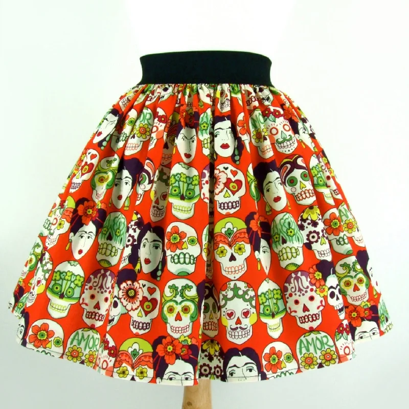 "Lindy" Frida and Skulls Orange Skirt