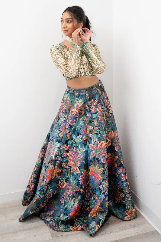 GISELLA Enchanted Floral Teal Lehenga Skirt