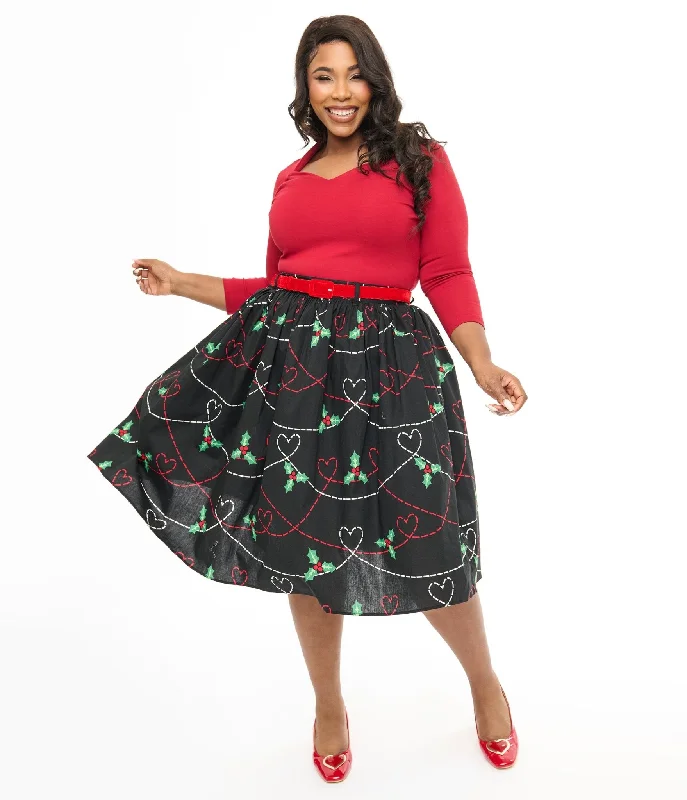 Hell Bunny Plus Size 1950s Festive Hearts & Holly Print Angelica Swing Skirt leather skirt bold