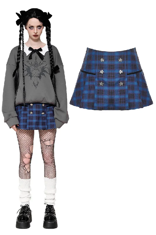 Indigo double-breasted gold star button plaid skirt KW378 lace skirt intricate