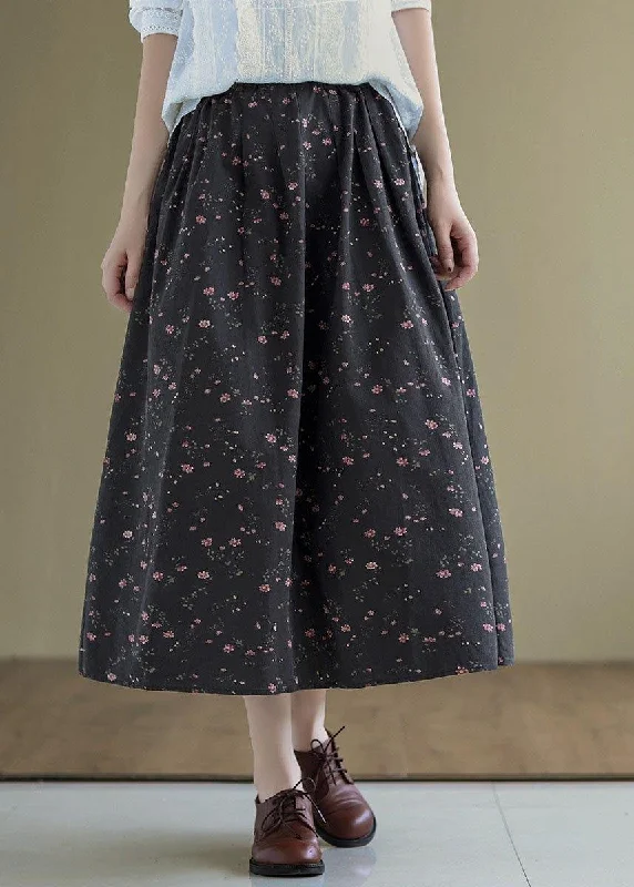 Italian Black Retro Print Summer Skirt Linen