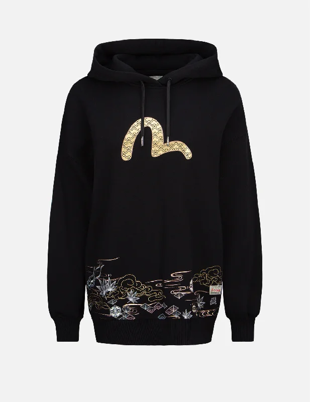 Japanese Pattern Print Sweatshirt Hoodie with Sequins Glamorous Eye-catching