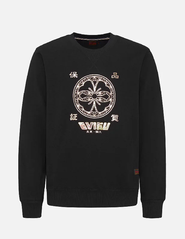 Kamon Foil-print and Scroll Daicock Appliqué Sweatshirt Hoodie with Mock Neck Collared Structured Kamon Foil-print and Scroll Daicock Appliqué Sweatshirt Hoodie with Mock Neck Collared Structured