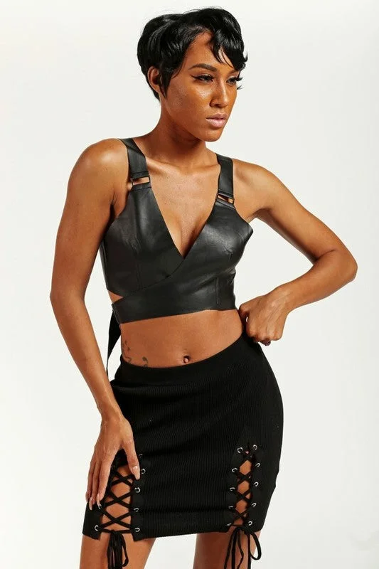 LACE UP RIBBED MINI SKIRT pencil skirt chic