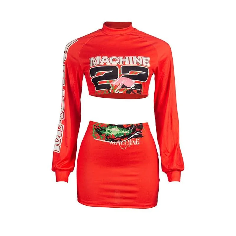 Long sleeve letter print crop mini skirt set spandex blend skirt