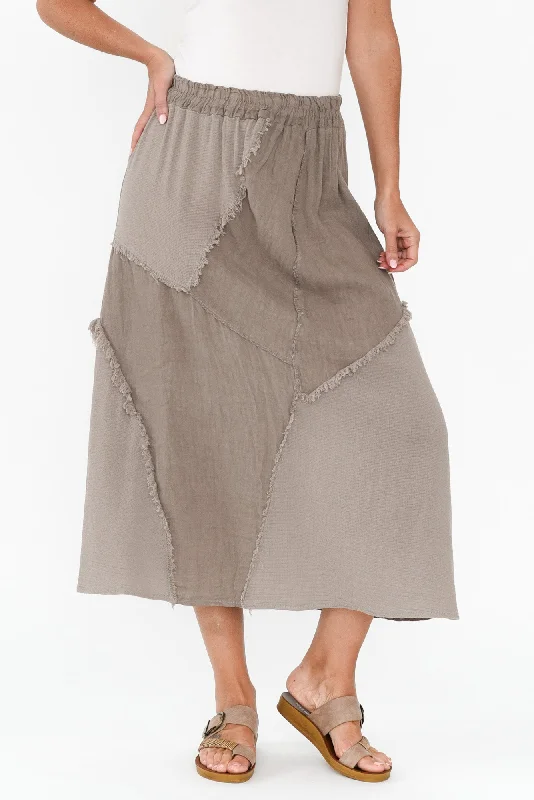 Lunar Taupe Linen Frayed Skirt linen skirt breathable