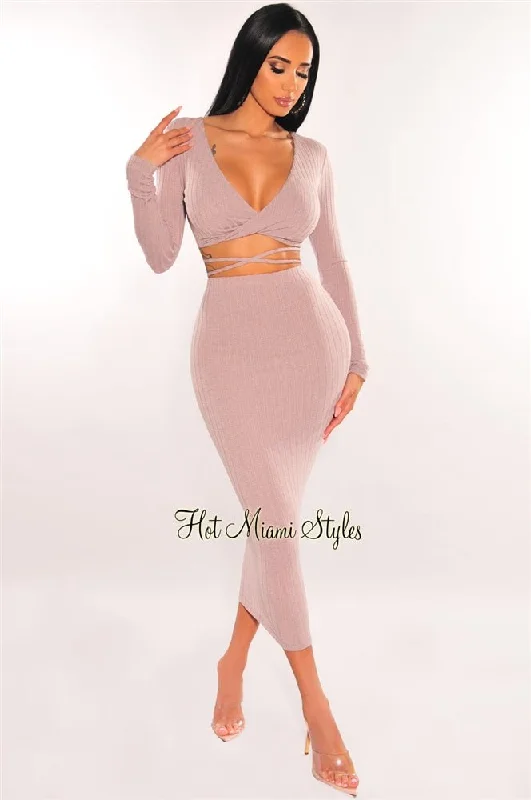 Mauve Ribbed Knit Wrap Around Skirt Two Piece Set low waist skirt
