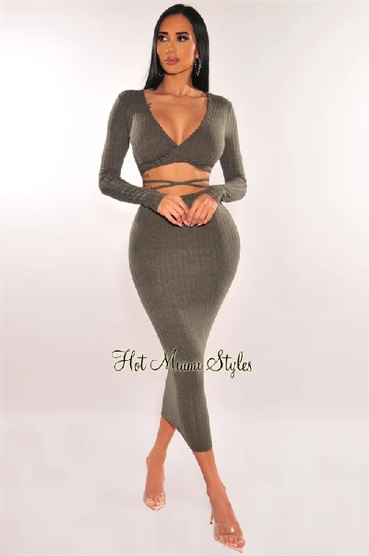 Olive Ribbed Knit Wrap Around Skirt Two Piece Set wool skirt sturdy