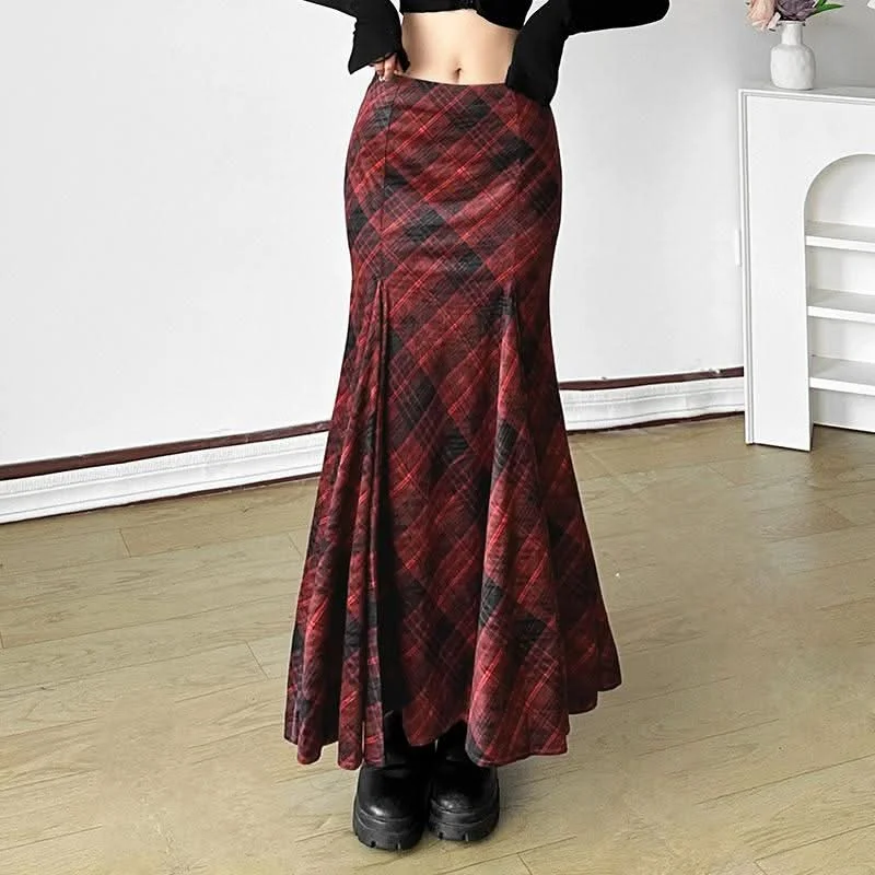Plaid zip-up ruffle maxi skirt floral skirt print