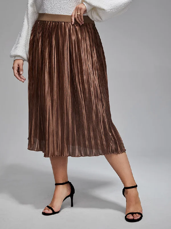 Plus Elastic Waist Pleated Midi Skirt leather skirt durable