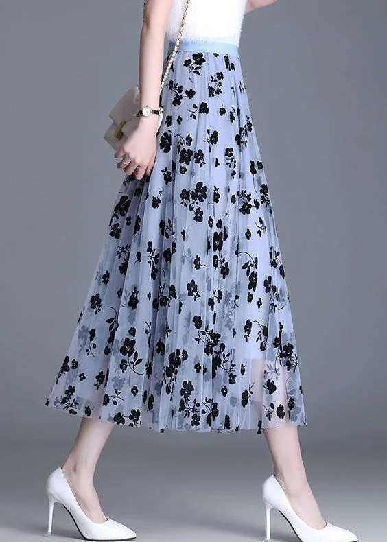 Plus Size Light Blue Tulle Print A Line Fall Skirts linen skirt light
