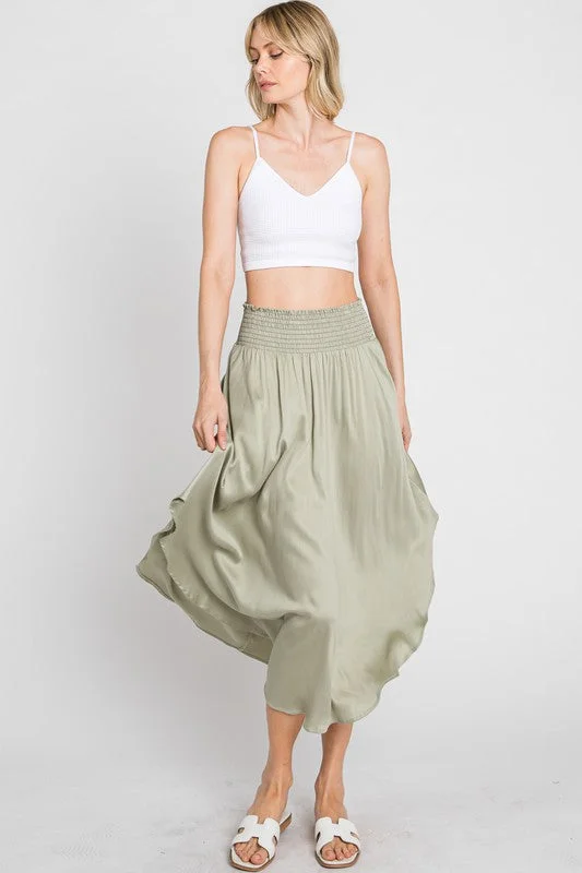 ROUND HEM SMOCKED WAIST SKIRT - 3 COLORS silk skirt lustrous