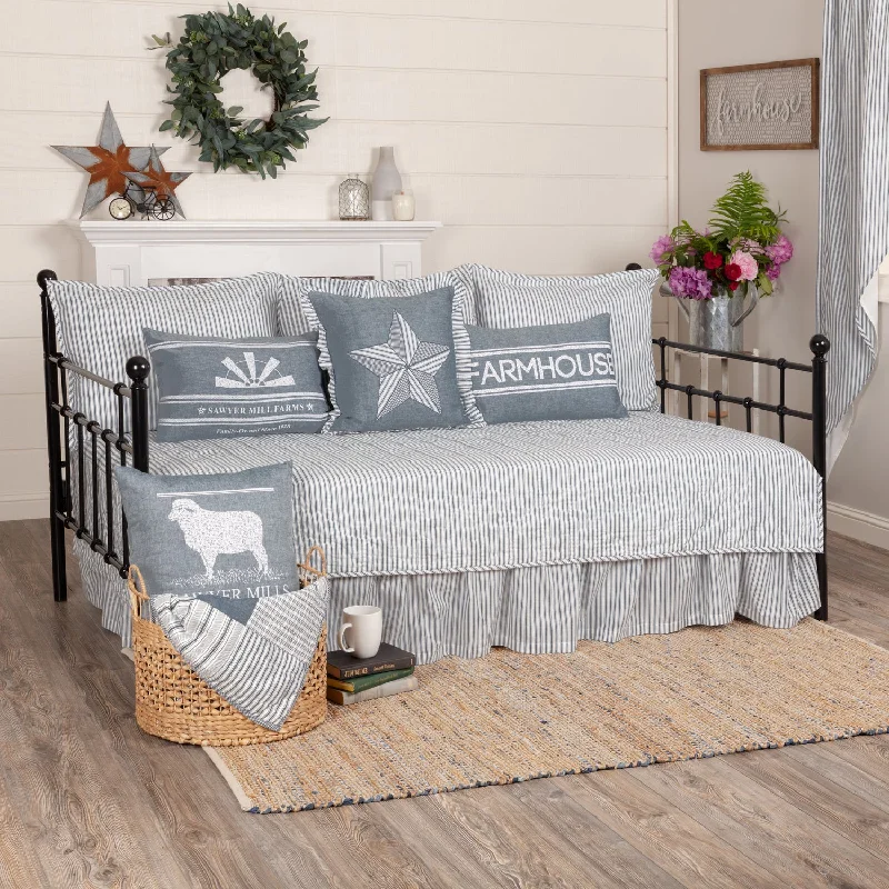 Sawyer Mill Blue Ticking Stripe 5pc Daybed Quilt Set (1 Quilt, 1 Bed Skirt, 3 Standard Shams) VHC Brands leather skirt bold