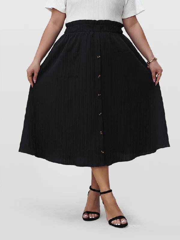 Solid Button Front Pocket Elastic Waist Skirt chiffon skirt delicate