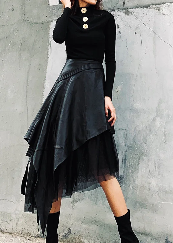 Style Black Asymmetrical Faux Leather Patchwork Tulle Skirt Spring linen skirt light