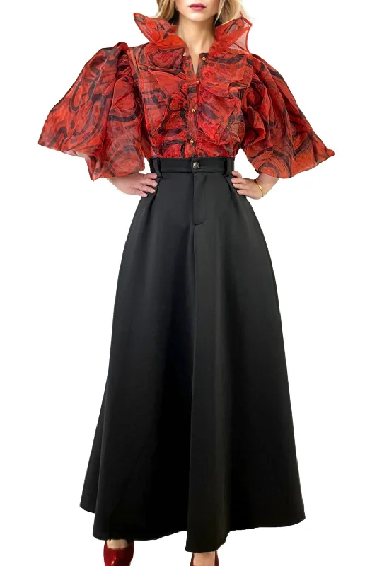 T81140 A-LINE MAXI FLARED SKIRT (RED, BLK) satin skirt smooth
