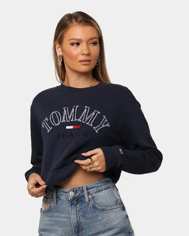 Tommy Jeans Women's Crop College Logo Sweatshirt Twilight Navy Hoodie with Hem Fringe Bohemian Relaxed Tommy Jeans Women's Crop College Logo Sweatshirt Twilight Navy Hoodie with Hem Fringe Bohemian Relaxed