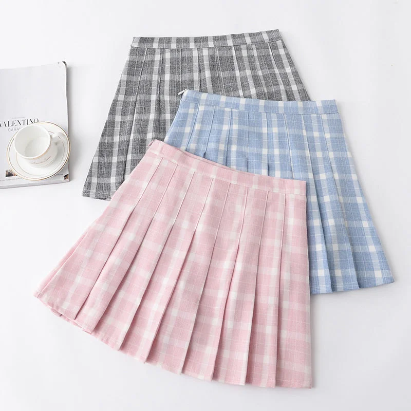 ULZZANG PREPPY STYLE GRID PLEATED SKIRT BY50405 linen skirt natural