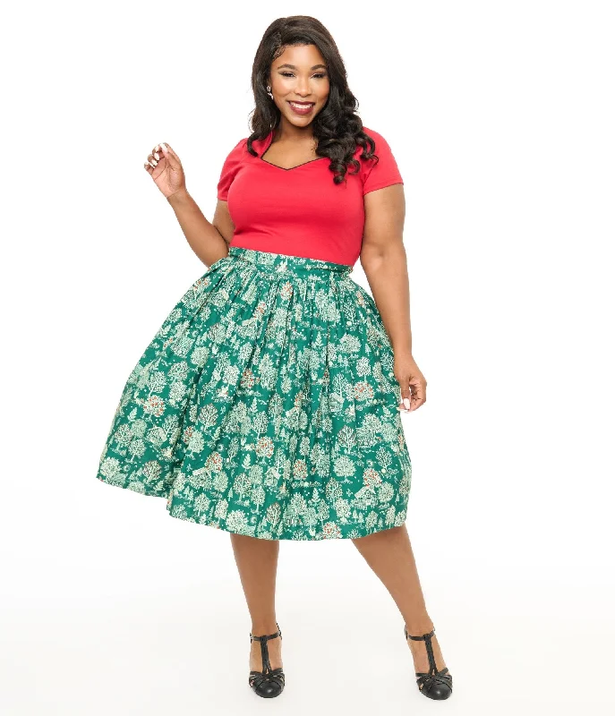 Unique Vintage Plus Size 1950s Green Winter Print Gellar Swing Skirt linen skirt natural