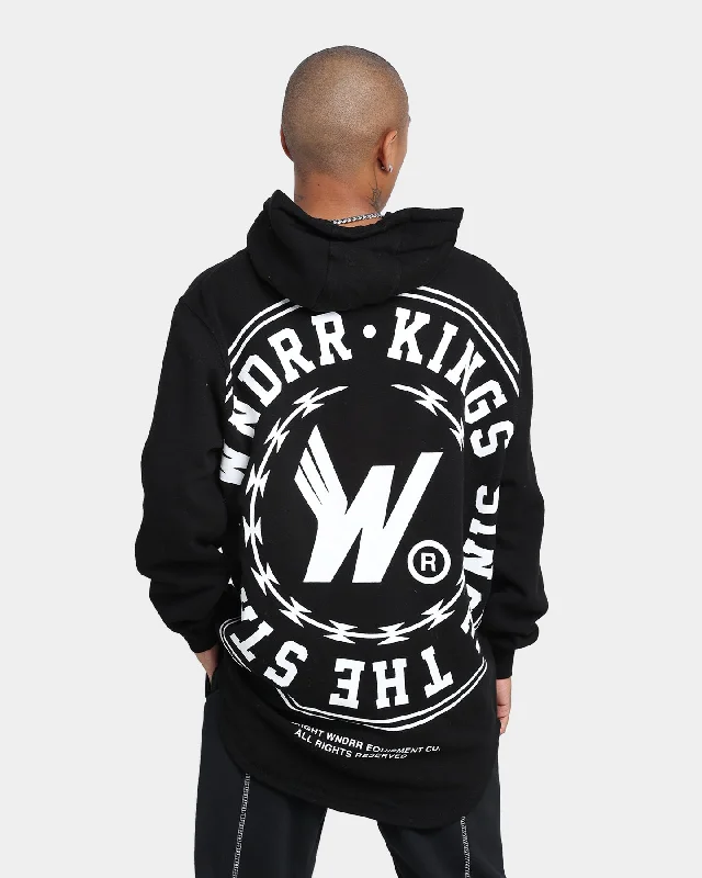 WNDRR Ornament Curved Hem Hoodie Black Hoodie with Exposed Zipper Edgy Industrial