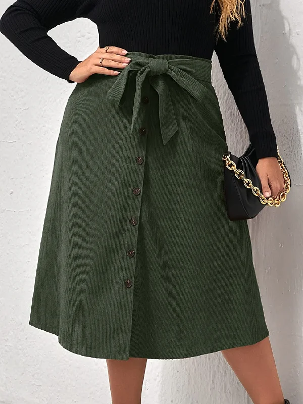 Women's High Waist Button Front Belted Midi Flare Skirt wool skirt sturdy