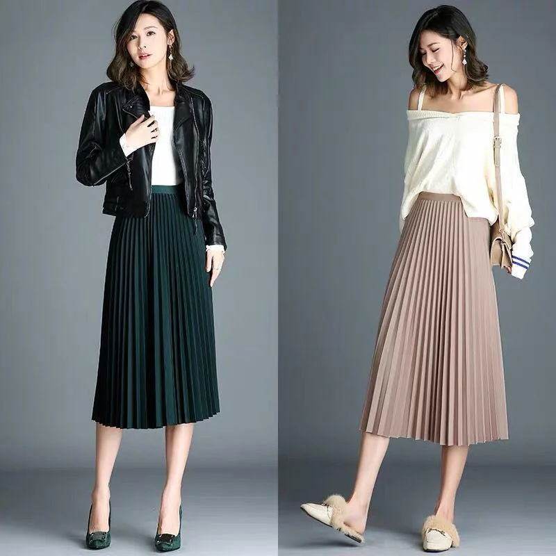 Womens Vintage Pleated Midi Long Skirt Female Casual High Waist Chiffon Skirts  2020 Spring Summer cashmere skirt soft