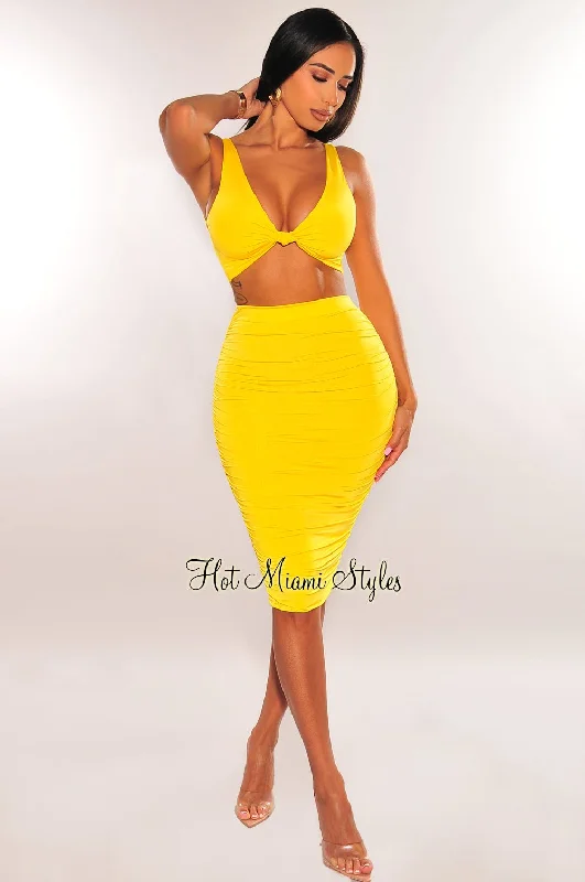 Yellow Sleeveless Knotted Ruched Skirt Two Piece Set